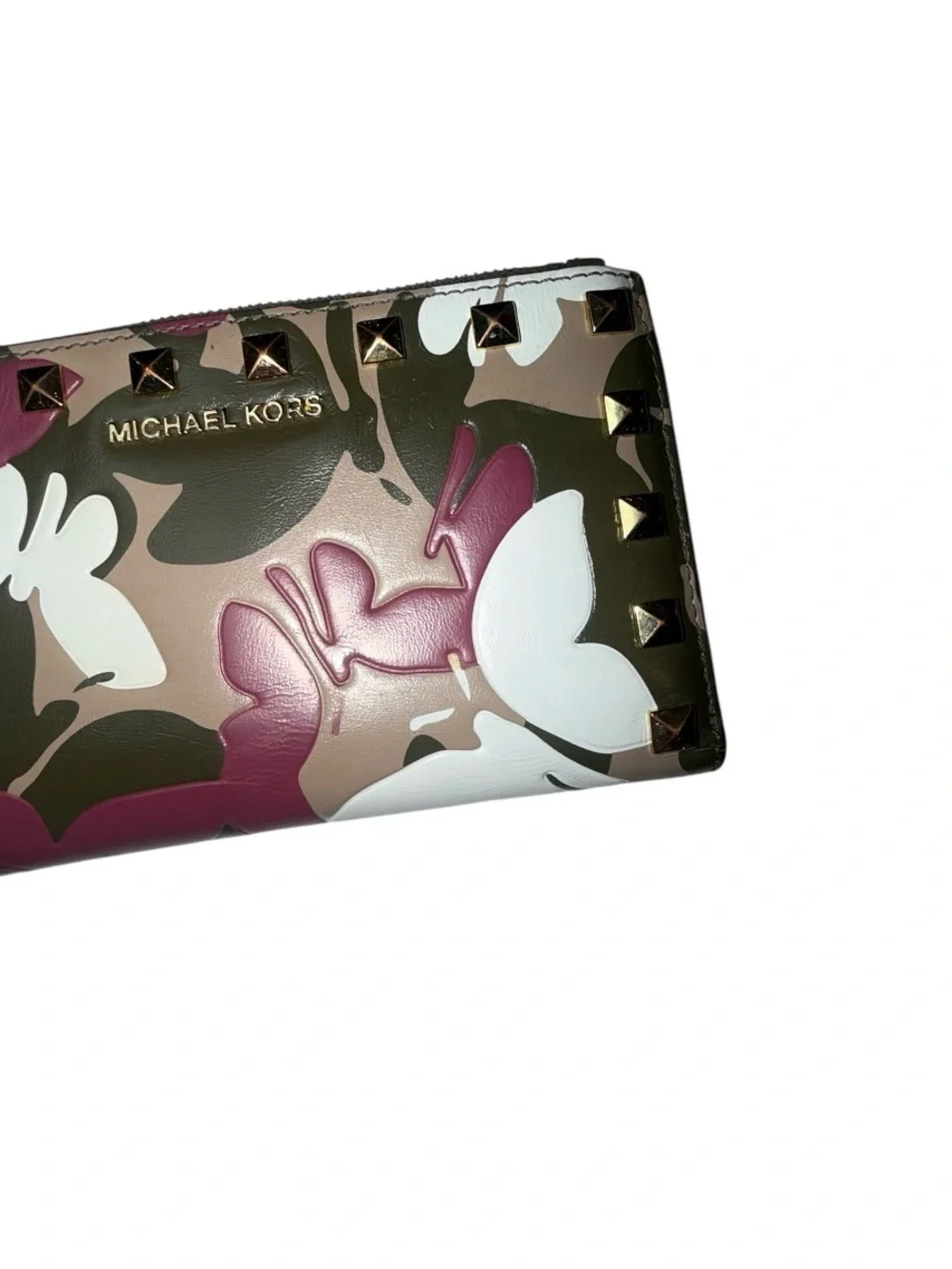 Michael Kors Camouflage Butterfly Studded Wristlet in Pink, White & Brown